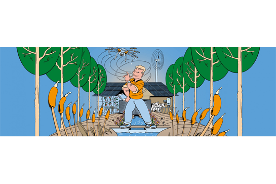 cartoon: landbouwer met vooruitstrevende snufjes in de landbouw